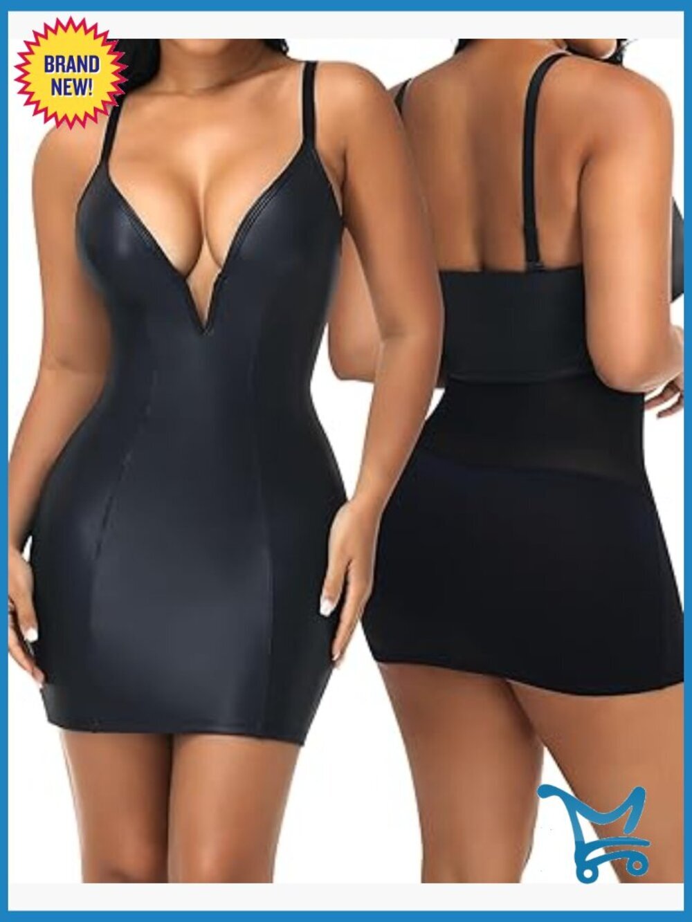 Women's Faux Leather Bodycon Mini Dress with Built-in Shapewear Slip Deep V Neck